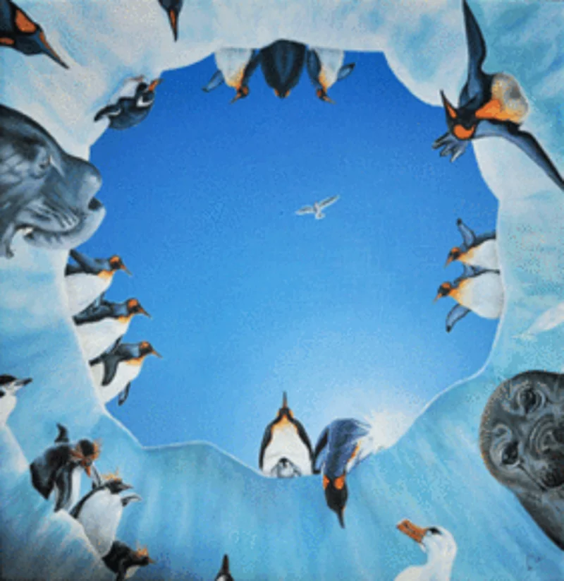 Köpfe von Pinguinen am Randen einer Eishöhle